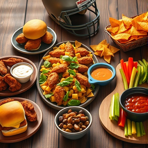 60+ Easy Super Bowl Party Food Ideas Your Guests Will Devour 1 A festive Super Bowl party food spread featuring sliders, chicken wings, nachos, chili, and fresh vegetables on a wooden table.
