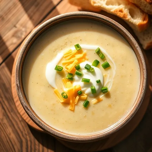 Cheddar Garlic Herb Potato Soup: Cozy & Creamy Comfort Food for Cold Nights 1 Creamy cheddar garlic herb potato soup in a rustic bowl, garnished with chives and cheese.
