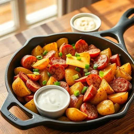 Cheesy Ranch Potatoes & Smoked Sausage: Easy One Pan Dinner Recipe 1 One pan cheesy ranch potatoes with smoked sausage, topped with melted cheese and green onions in a cast iron skillet.