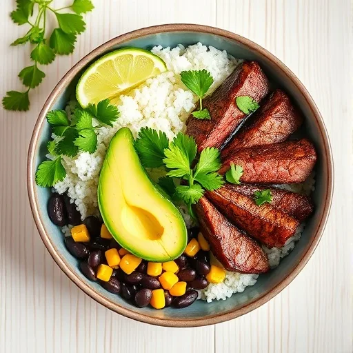 Cilantro Lime Steak Bowls: Fresh, Zesty & Irresistible Weeknight Dinner Idea 1 Cilantro Lime Steak Bowl with tender steak, white rice, black beans, corn, avocado, and fresh cilantro.