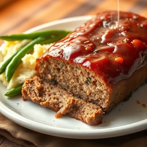 Classic Homestyle Meatloaf Recipe: Easy & Delicious Family Dinner Idea 1 Slice of classic meatloaf with a savory glaze, served with mashed potatoes and green beans.