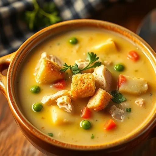 Comforting Creamy Chicken Pot Pie Soup Recipe – Quick & Easy Weeknight Dinner 1 Creamy chicken pot pie soup in a rustic bowl with biscuit croutons and parsley on a wooden table.