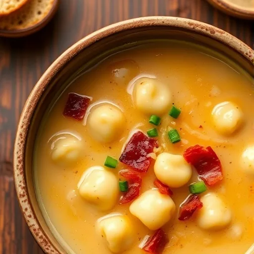 Cozy Bacon Cheddar Gnocchi Soup: Creamy, Cheesy Comfort Food for Any Night 1 Close-up of a rustic bowl of creamy Bacon Cheddar Gnocchi Soup garnished with chives on a wooden surface.
