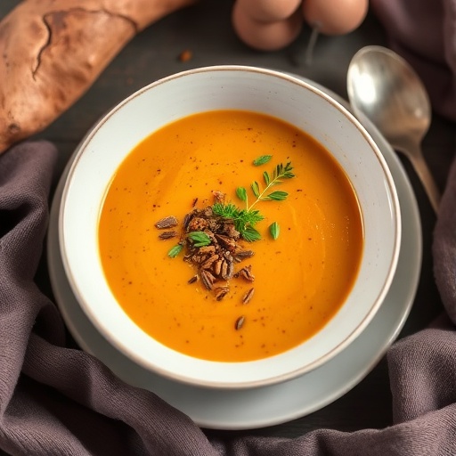 Sweet Potato Soup — steaming bowl of creamy sweet potato soup garnished with herbs, comforting seasonal dinner or lunch