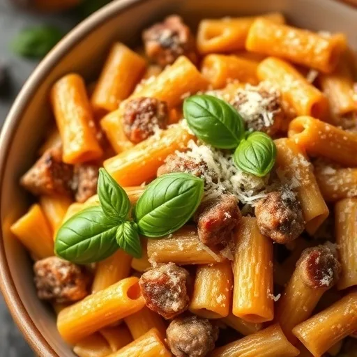 Creamy Italian Sausage Rigatoni: Easy One Pan Dinner for Busy Weeknights 1 A large bowl of creamy Italian sausage rigatoni pasta with fresh basil and grated Parmesan cheese.