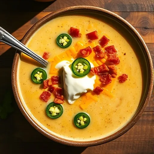 Creamy Jalapeño Popper Soup Recipe: Spicy, Cheesy Comfort in Every Spoonful 1 A creamy, cheesy jalapeño popper soup garnished with jalapeño slices, crispy bacon bits, and melted cheese in a rustic bowl.