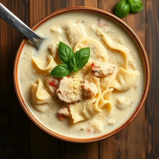 Creamy White Chicken Lasagna Soup: A Cozy & Easy Weeknight Meal 1 Steaming bowl of white chicken lasagna soup with shredded chicken, pasta, basil, and parmesan.