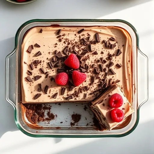 Decadent No-Bake Chocolate Lasagna: The Ultimate Easy Dessert Recipe 1 A decadent, layered no-bake chocolate lasagna in a glass dish, with a slice removed, garnished with chocolate shavings.
