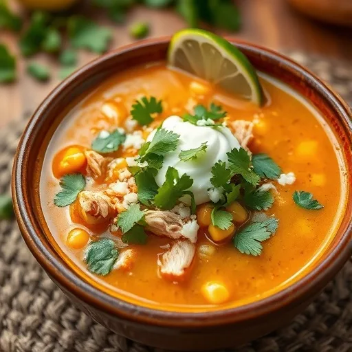 Creamy chicken enchilada soup in a rustic bowl, garnished with cilantro, cotija cheese, sour cream, and a lime wedge.