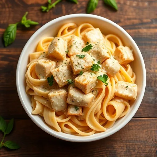 Close-up of creamy garlic parmesan chicken pasta with fresh parsley in a white bowl on a wooden surface.