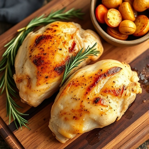 Golden-brown roasted chicken breasts garnished with fresh rosemary and thyme on a wooden board.