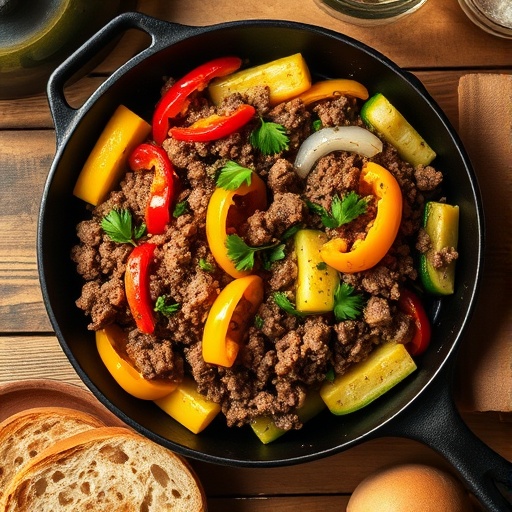 Easy One-Pan Ground Beef & Veggies Skillet Dinner - Perfect for Weeknights 1 One-pan ground beef and colorful bell peppers skillet dinner garnished with parsley.
