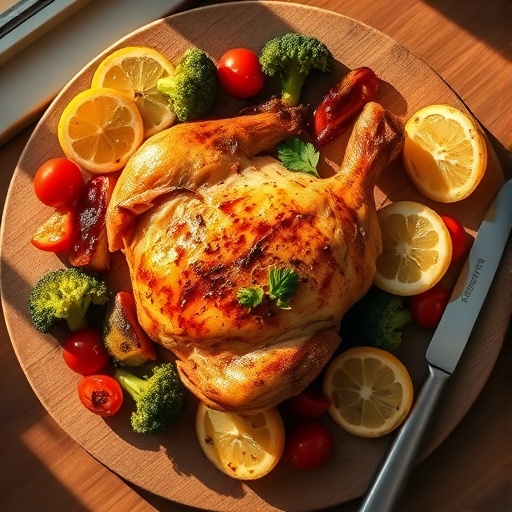 Easy One-Pan Lemon Herb Roasted Chicken Breast and Veggies for a Quick Dinner 1 One-pan lemon herb roasted chicken breast with broccoli, cherry tomatoes, and bell peppers on a wooden board.