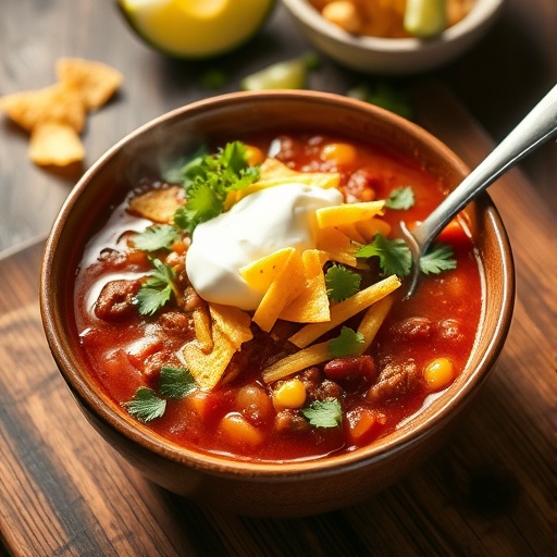 Easy One-Pot Taco Soup Recipe: Quick & Flavorful Weeknight Dinner Idea 1 A steaming bowl of taco soup topped with sour cream, shredded cheese, fresh cilantro, and crushed tortilla chips.