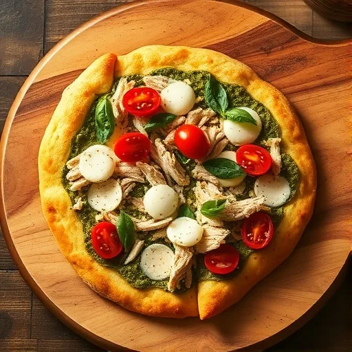 Easy Pesto Chicken Flatbread Recipe Quick & Delicious Dinner for Busy Weeknights 1 Pesto chicken flatbread with melted mozzarella, cherry tomatoes, and basil on a wooden board.