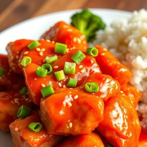 Easy Sweet Chili Chicken: Quick & Flavorful Weeknight Dinner Recipe 1 Plate of glossy sweet chili chicken with green onions and sesame seeds, served with white rice and broccoli.
