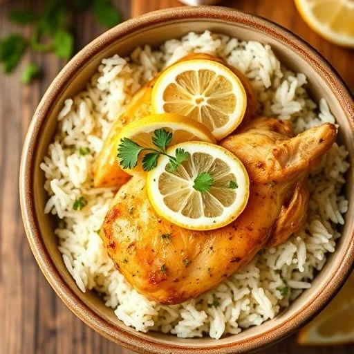 Effortless Slow Cooker Lemon Herb Chicken and Rice: Perfect Weeknight Dinner 1 Slow Cooker Lemon Herb Chicken and Rice in a serving bowl, garnished with parsley and lemon.