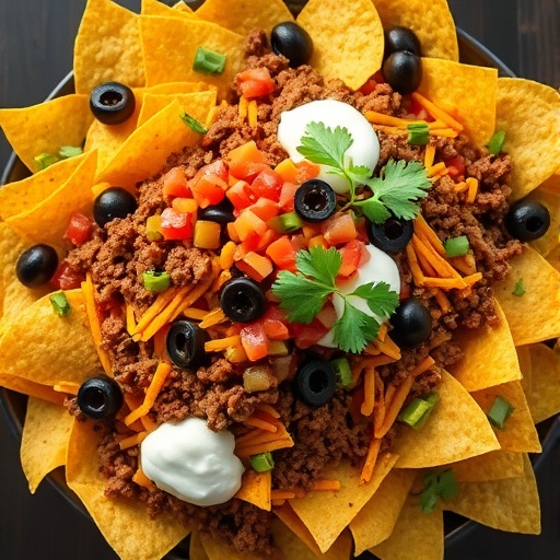 Epic Game Day Nachos: The Ultimate Crowd-Pleasing Recipe for Your Next Party 1 A large platter of fully loaded game day nachos with cheese, beef, jalapeños, and fresh toppings.