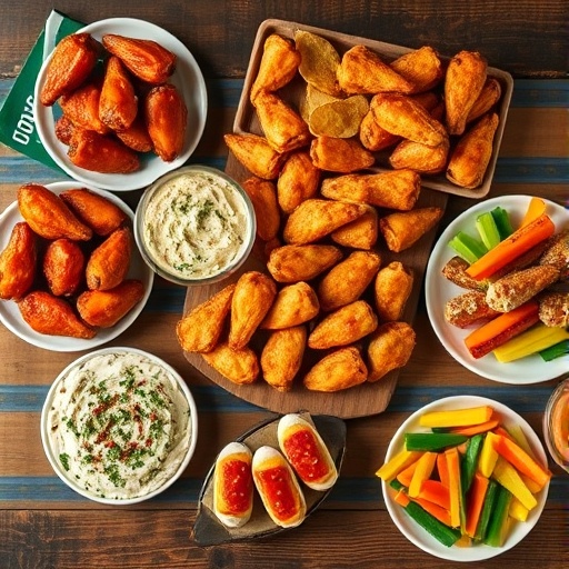 Epic Super Bowl Appetizers: Crowd-Pleasing Snacks & Dips for Game Day! 1 A Super Bowl appetizer spread featuring chicken wings, spinach artichoke dip, pigs in a blanket, potato skins, and veggie sticks.