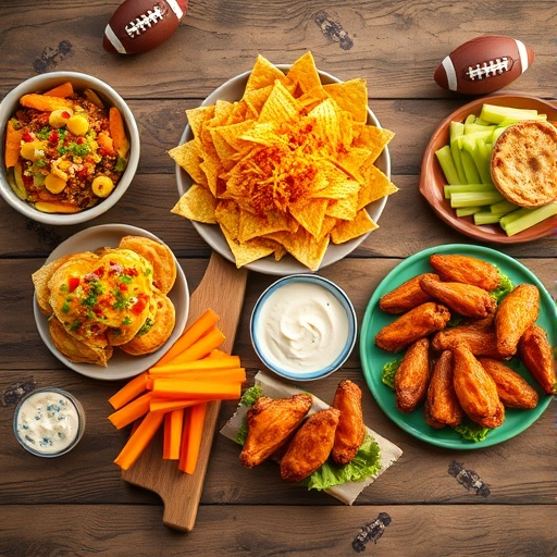 Epic Super Bowl Party Snacks: Easy Game Day Appetizers Your Crowd Will Love! 1 A diverse spread of Super Bowl party snacks including nachos, sliders, buffalo wings, and a veggie platter on a wooden table.