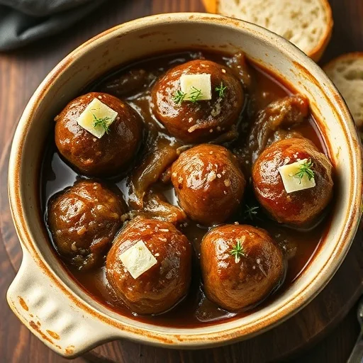 French Onion Meatballs with Rich Savory Onion Sauce Your New Favorite Dinner! 1 French Onion Meatballs in a savory brown onion sauce, topped with melted Gruyère cheese and fresh thyme, served in a rustic baking dish.