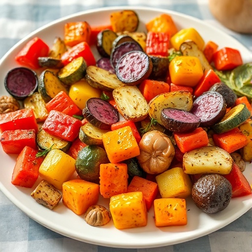 Vegetable Recipes — colorful roasted vegetables with herbs on a bright plate, healthy and nourishing meal idea