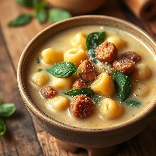 Hearty Creamy Italian Sausage Gnocchi Soup: A Cozy Dinner in 30 Minutes 1 Creamy Italian sausage gnocchi soup with spinach and Parmesan in a ceramic bowl.