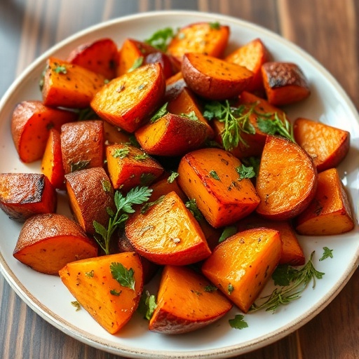 Sweet Potato Dinner — roasted golden sweet potatoes with garlic and herbs served on a rustic plate, cozy and nourishing dinner idea