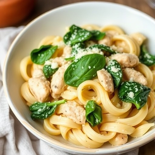 High Protein Chicken Pasta 1 High Protein Chicken Pasta — creamy pasta with juicy chicken and fresh spinach, styled beautifully for healthy dinner inspiration.