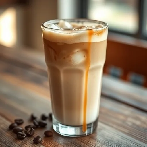 Homemade Iced Caramel Macchiato Recipe: Better Than Starbucks! 1 Iced Caramel Macchiato in a clear glass with caramel drizzle, coffee beans on a wooden table.
