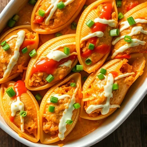 Irresistible Creamy Buffalo Chicken Stuffed Shells – A Quick & Easy Dinner Delight! 1 Creamy buffalo chicken stuffed pasta shells baked with melted cheese and green onions in a white casserole dish.