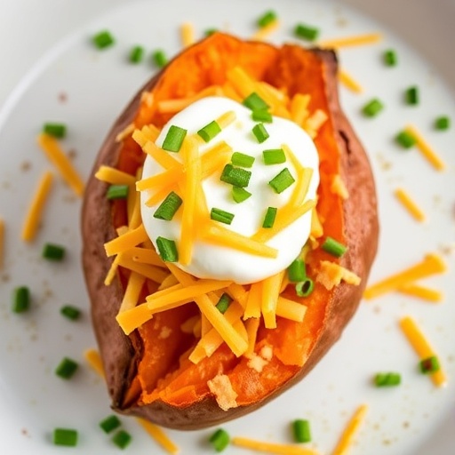 Loaded Sweet Potato with Cheese and Toppings 1 Loaded Sweet Potato — baked sweet potato topped with melted cheese, sour cream, and chives, hearty comfort food dinner