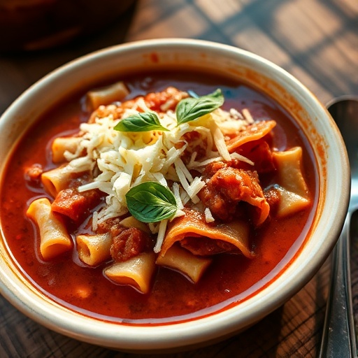 One-Pot Lasagna Soup: Quick & Cozy Comfort Food Dinner Recipe for Busy Nights 1 Close-up of a rustic bowl of creamy lasagna soup with ricotta, mozzarella, and basil.