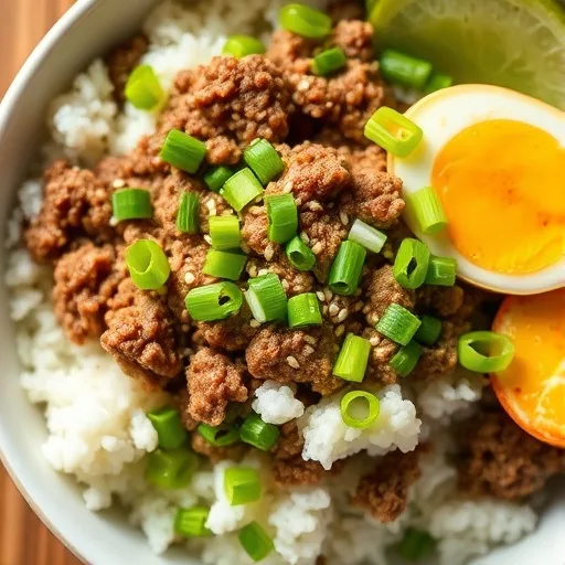 Quick & Easy Korean Ground Beef Bowl: Better Than Takeout in 20 Minutes! 1 A colorful Korean ground beef bowl with rice, scallions, and sesame seeds.