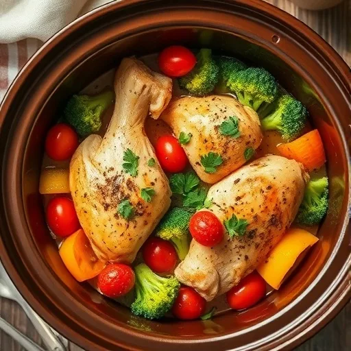 Healthy slow cooker chicken and vegetables, garnished with fresh parsley, in a rustic ceramic crockpot.
