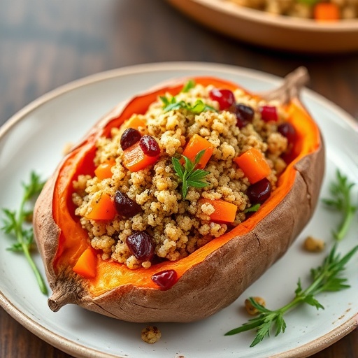 Savory Stuffed Sweet Potato with Veggie Filling 1 Stuffed Sweet Potato — baked sweet potato stuffed with colorful quinoa and veggie filling, wholesome dinner idea