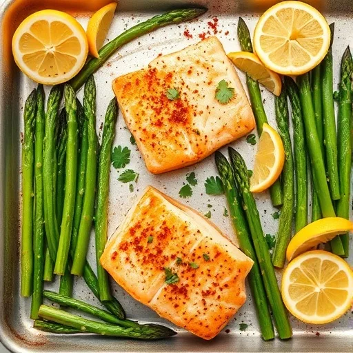Sheet pan with roasted salmon fillets, asparagus, and lemon slices, garnished with parsley.