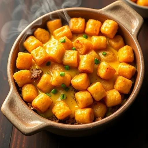 Golden brown tater tot casserole with crispy tots, melted cheese, and ground beef in a baking dish.