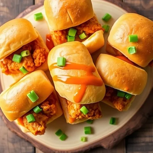 Spicy Bang Bang Chicken Sliders: Your New Go To Recipe for Easy Dinners & Appetizers! 1 Close up of crispy Bang Bang Chicken Sliders on Hawaiian rolls with green onions on a wooden board.