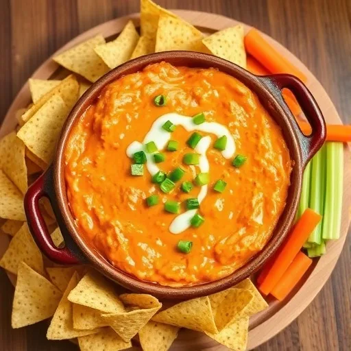 Spicy Game Day Buffalo Chicken Dip: The Ultimate Crowd-Pleaser for Your Next Watch Party! 1 Creamy, spicy buffalo chicken dip topped with green onions, surrounded by tortilla chips and fresh vegetables on a wooden board.