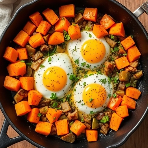 Sweet Potato Breakfast Hash with Eggs 1 Sweet Potato Breakfast — skillet of crispy sweet potatoes with fried eggs and colorful vegetables, hearty morning recipe