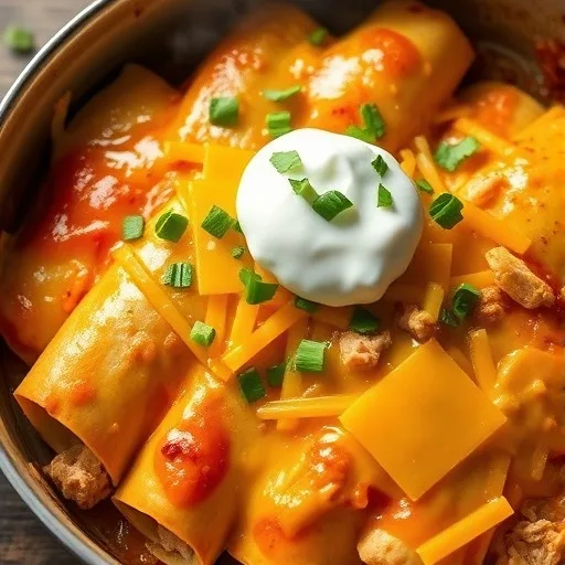A baking dish filled with golden brown, cheesy chicken enchiladas topped with sour cream and cilantro.