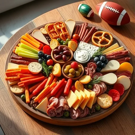 A festive Super Bowl charcuterie board filled with cheeses, meats, pretzel bites, vegetables, and dips, arranged for a game day party.