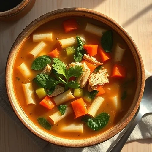 Warming Italian Penicillin Soup: Your Go-To Comfort for Colds and Flu Season 1 A steaming bowl of Italian Penicillin Soup with chicken, pasta, vegetables, and fresh herbs.