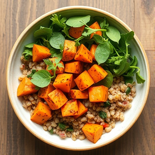 Wholesome Sweet Potato Bowl with Veggies 1 Sweet Potato Bowl — roasted sweet potatoes served in a vibrant grain bowl with greens and toppings, healthy and filling lunch option
