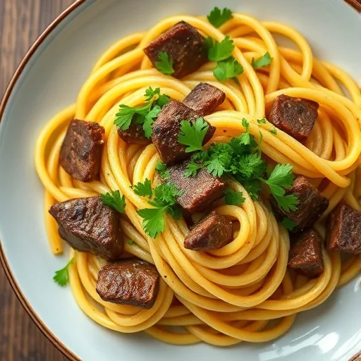 Close-up of beef garlic butter pasta dish with tender beef, al dente noodles, and fresh parsley garnish on a rustic background.