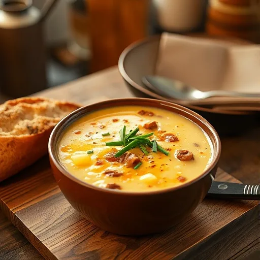 Cheesy Beef Potato Soup: Ultimate Comfort Food 1 Close-up of a rich, creamy cheesy beef potato soup with melted cheese and tender beef pieces.