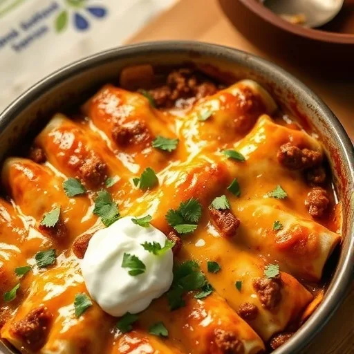 Cheesy Ground Beef Enchiladas: Easy Weeknight Meal 1 A close-up of a baking dish of cheesy ground beef enchiladas, topped with melted cheese, cilantro, and sour cream.