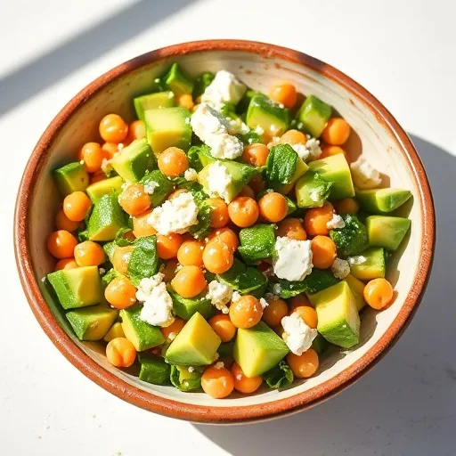 Chickpea Feta Avocado Salad: Fresh & Easy Recipe 1 A colorful Chickpea Feta Avocado Salad in a white bowl with a fork, showing fresh chickpeas, feta, and avocado.