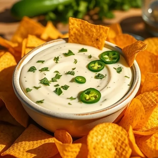 Close-up of creamy jalapeno dip in a white bowl with tortilla chips and cilantro garnish.